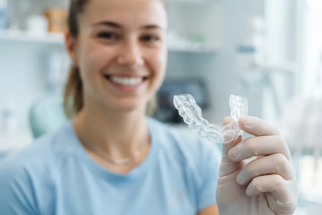 A dental professional holding a clear custom-fitted athletic mouthguard